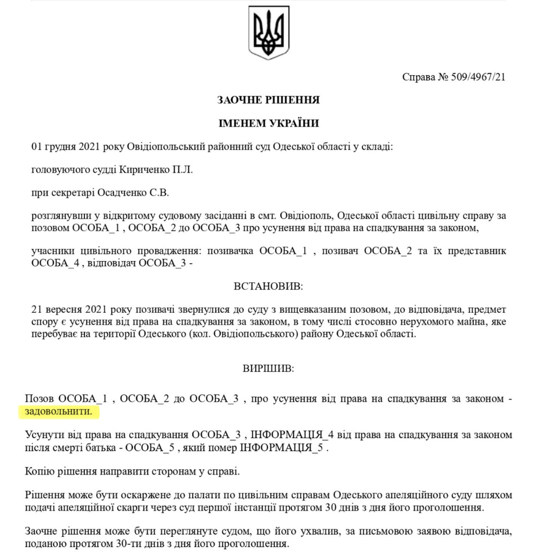 УСУНЕННЯ ВІД ПРАВА НА СПАДКУВАННЯ